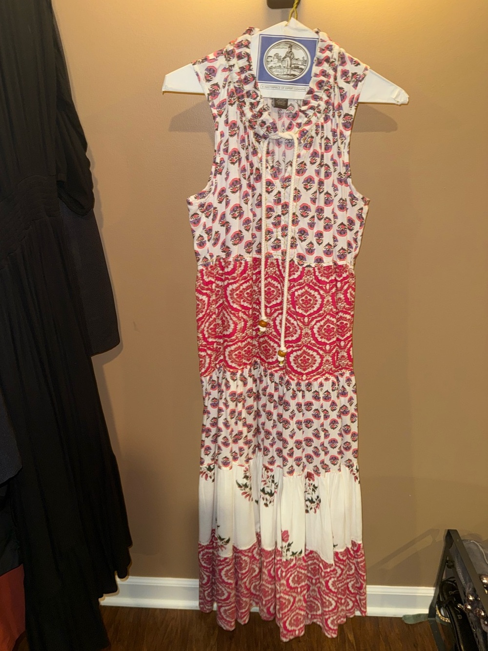Chelsea & Theodore White Maxi Dress with Pink and Red Pattern
